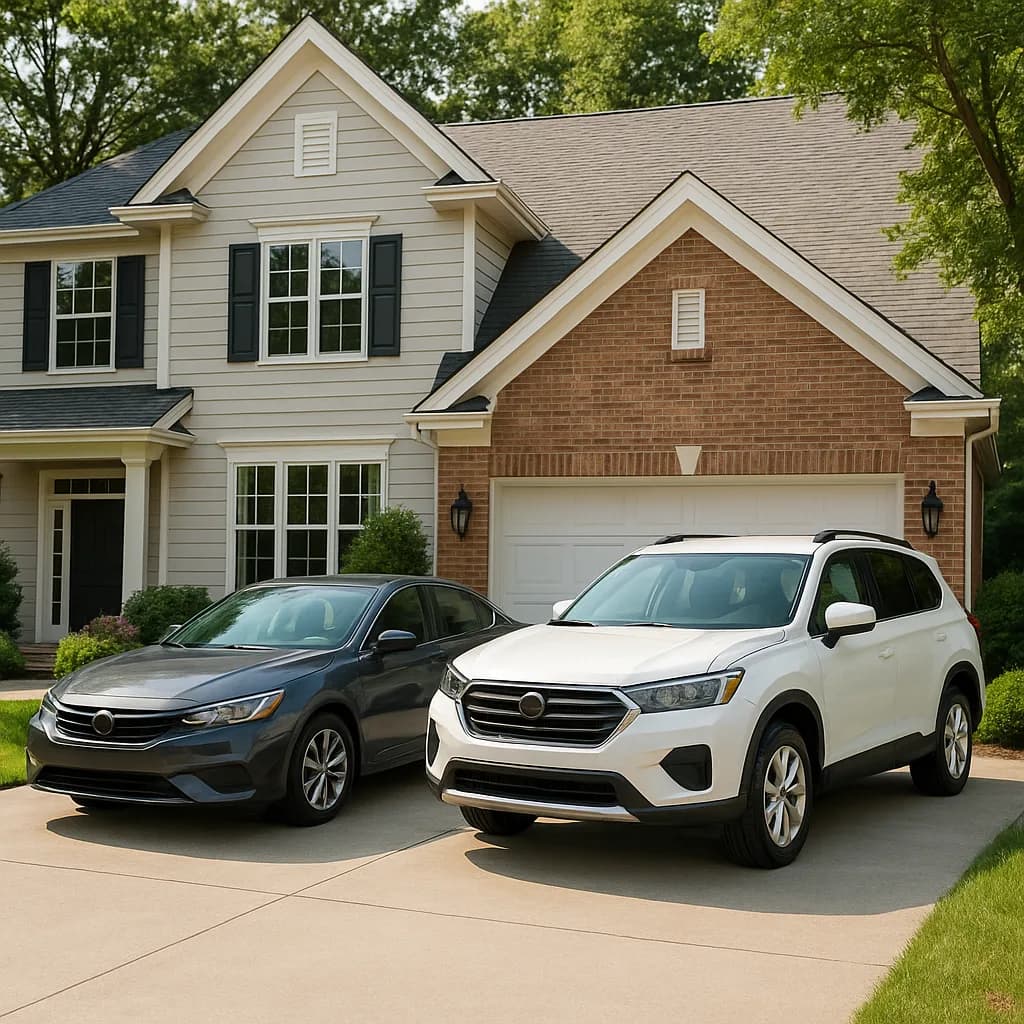 Two cars parked in driveway of suburban brick and siding home with two-car garage
