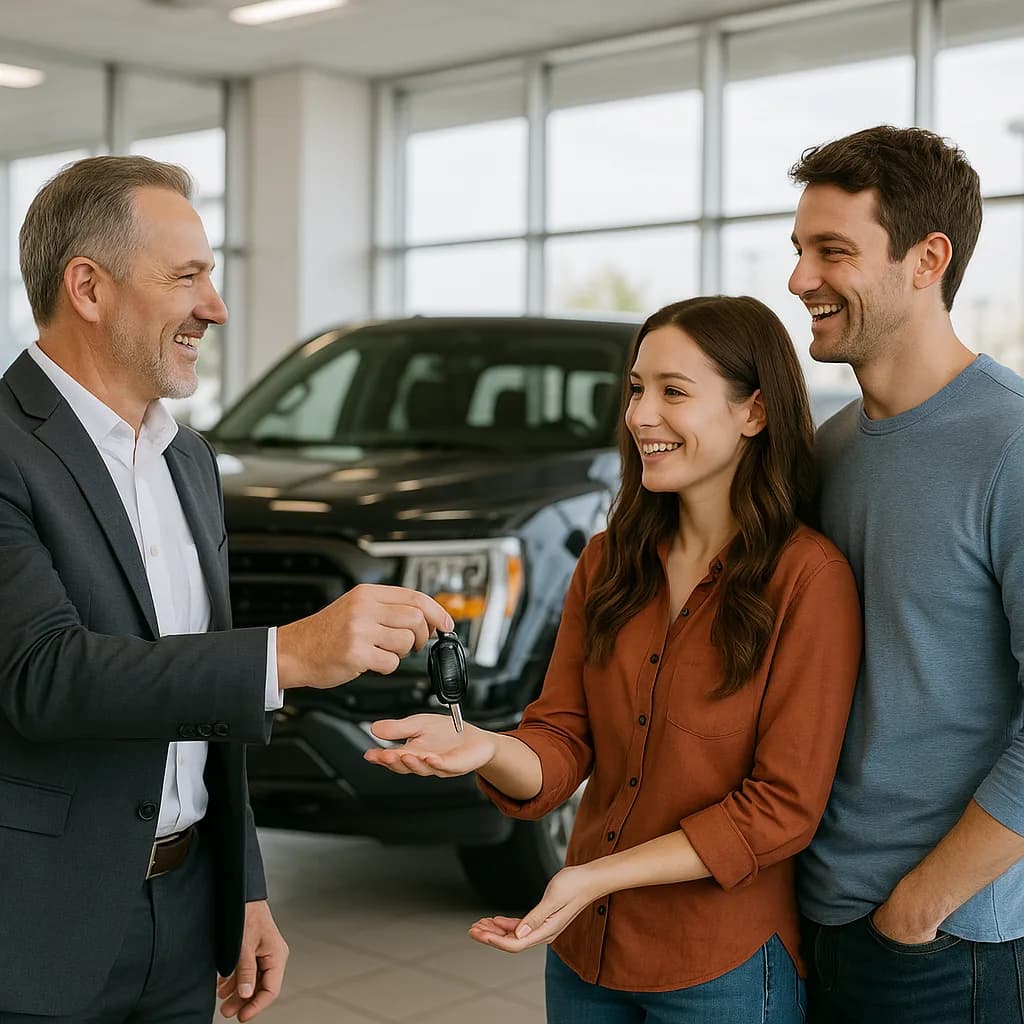 Car salesman handing keys to happy young couple at dealership showroom