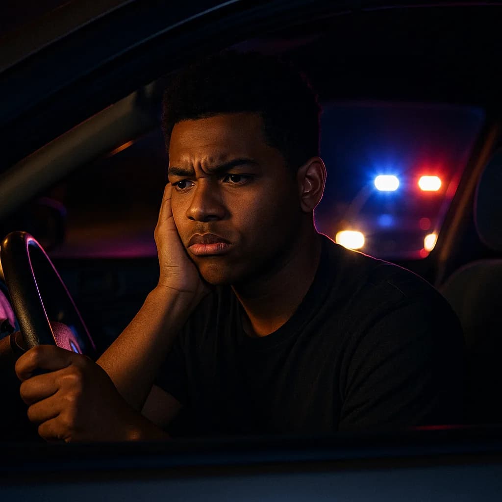 Young man looking frustrated in car during police traffic stop at night with emergency lights visible