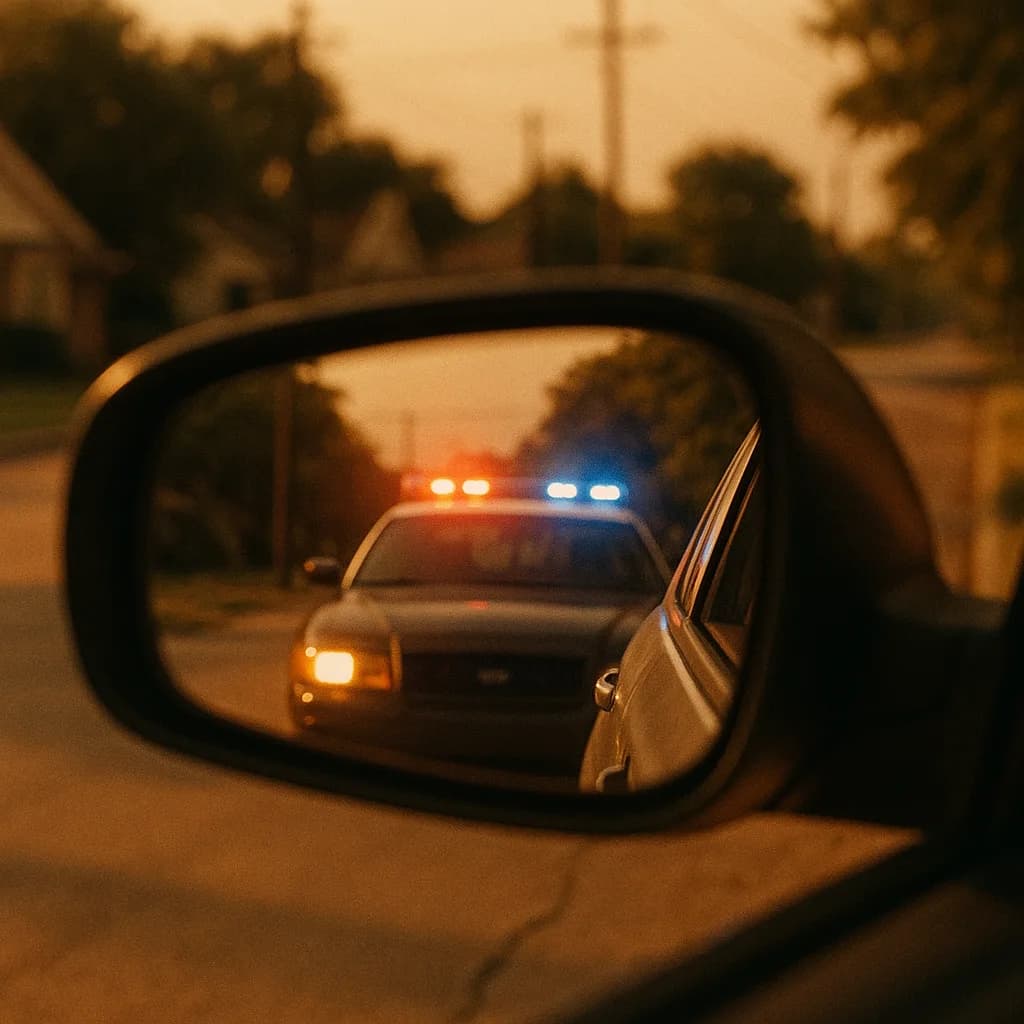 Police car with flashing lights reflected in side mirror during sunset