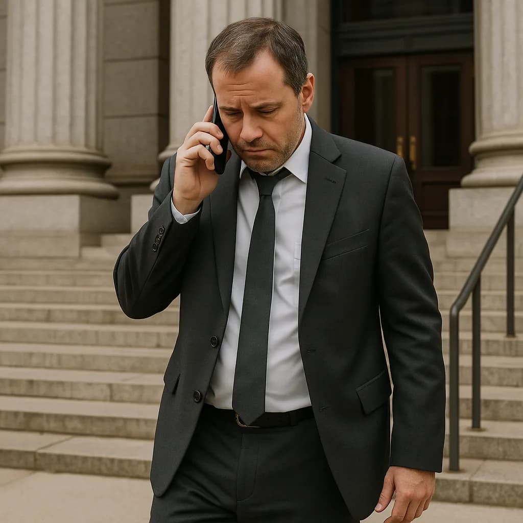 Businessman in suit talking on phone outside courthouse with classical columns in background